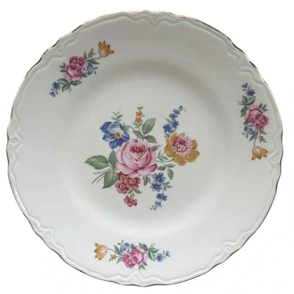 Vintage Floral Plate Scio Ohio Cottage Core White Cream Rose Blue Green Gold Rim